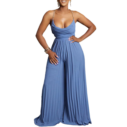 Aria Chain-Neck Pleated Wide-Leg Jumpsuit