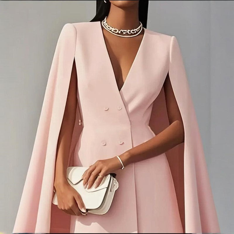 Elegant V-Neck Double-Breasted Cape Blazer Dress