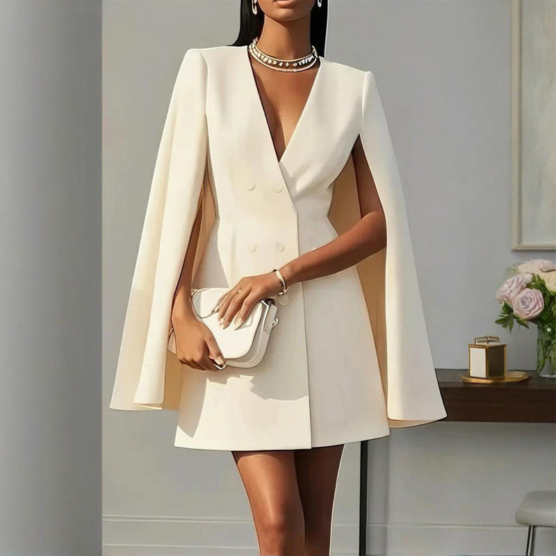 Elegant V-Neck Double-Breasted Cape Blazer Dress