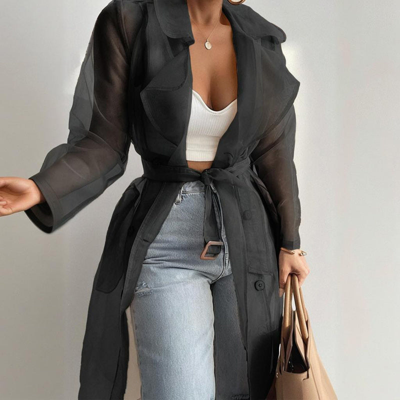 Sheer Long Sleeve Cardigan With Buttons & Belt