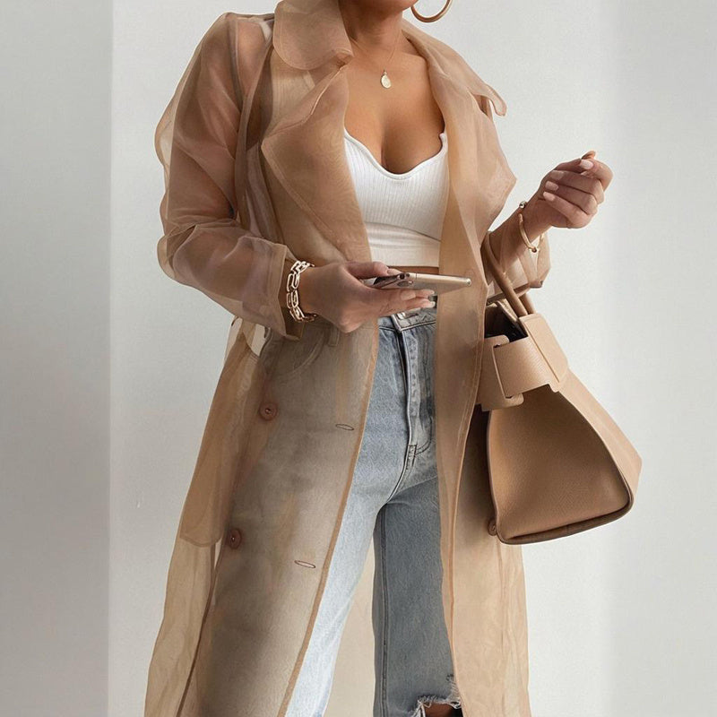 Sheer Long Sleeve Cardigan With Buttons & Belt