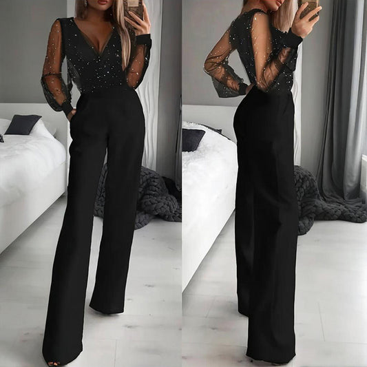 Women's Sexy Solid Color Deep V-Neck Tulle & Sequin Straight Leg Jumpsuit