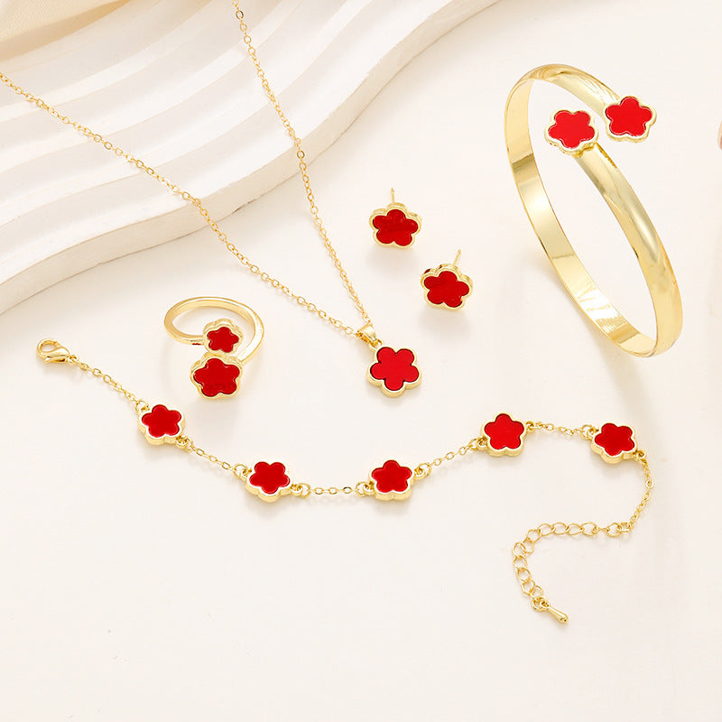 Golden Bloom Jewelry Set – Bracelet, Necklace, Ring & Earrings