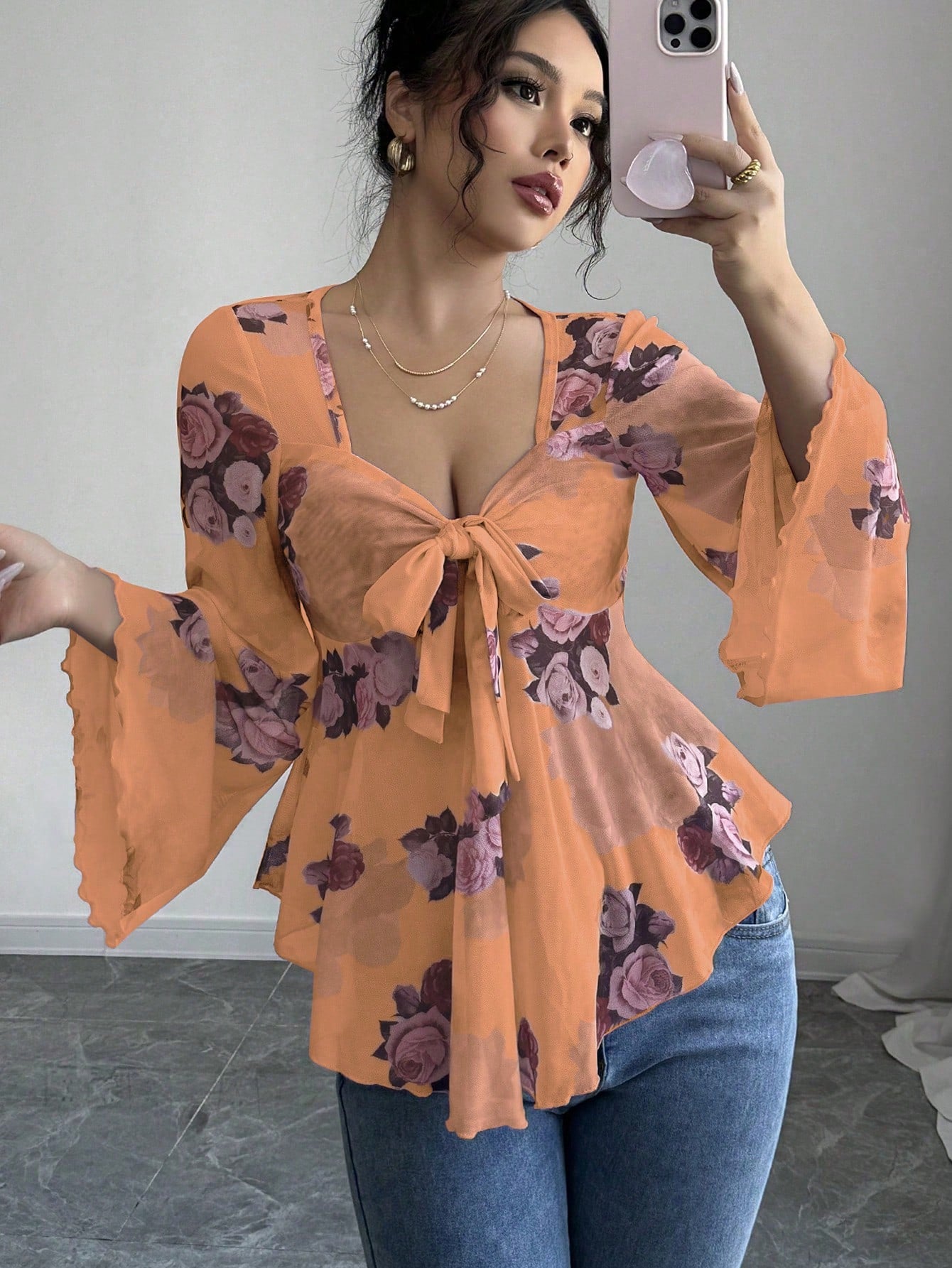 French Sense Flower Blooming Lace-up Long Sleeve Shirt