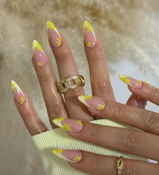 Bloom Luxe Nail Set – 24pc French Almond Press-On Nails with Pearls and Floral Design