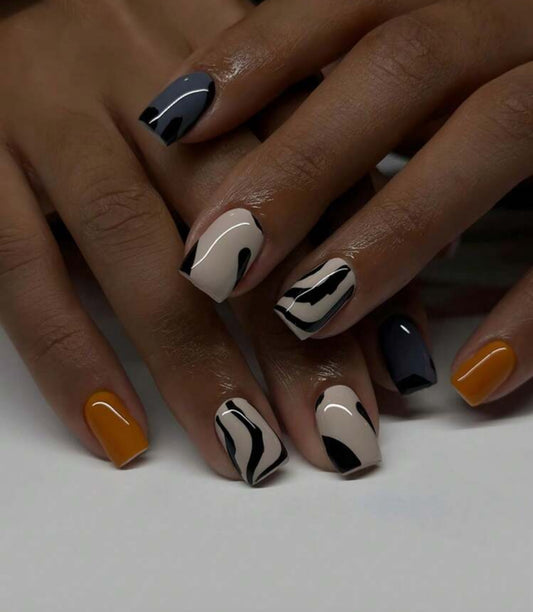 Chic Stripes Nail Set: 24-piece Asymmetrical Short Square Press-On Acrylic Nails