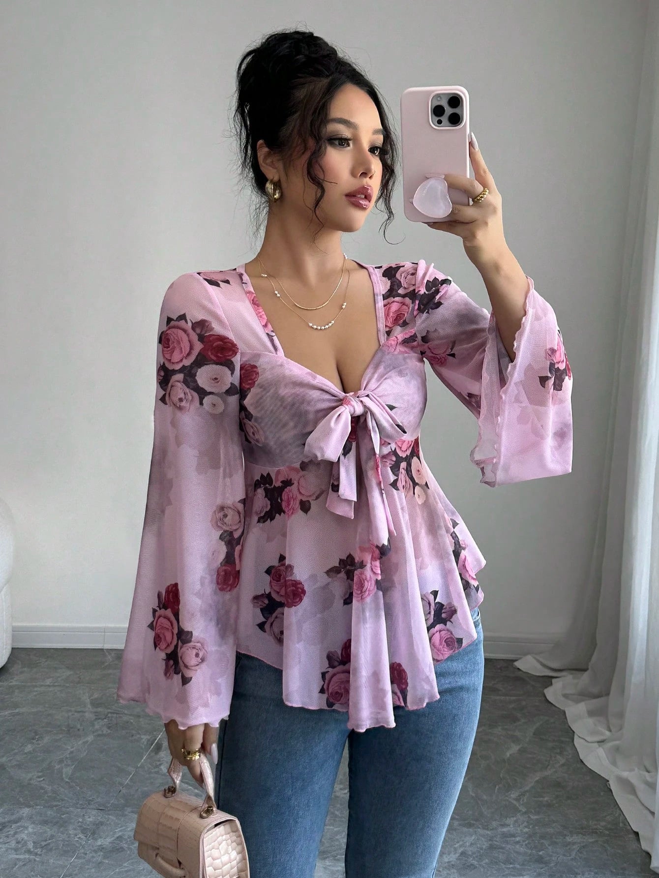 French Sense Flower Blooming Lace-up Long Sleeve Shirt