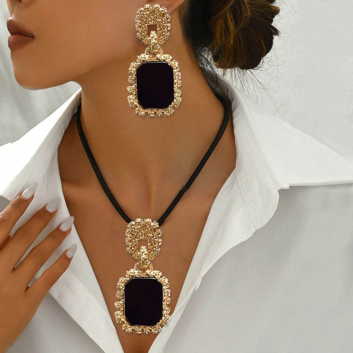 Elegant 14K Gold Plated Black Onyx Statement Jewelry Set - Necklace And Earrings - Subtle Shine Jewelry Co.