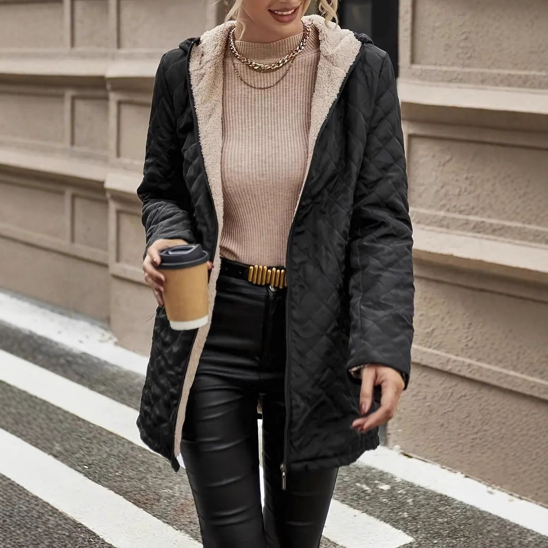 Mid-length Black Plaid Hooded Jacket