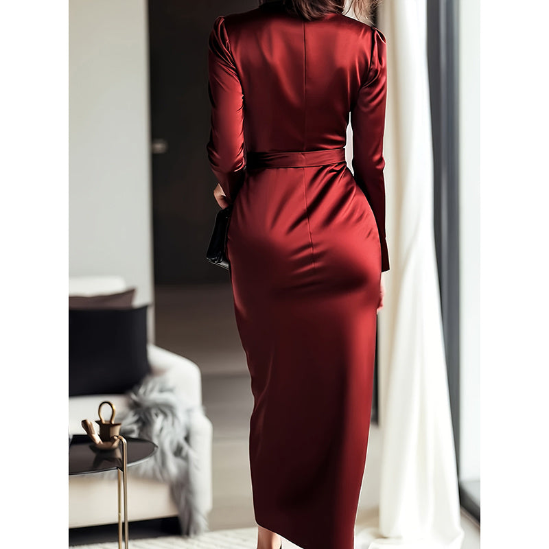 Burgundy Satin Midi Dress