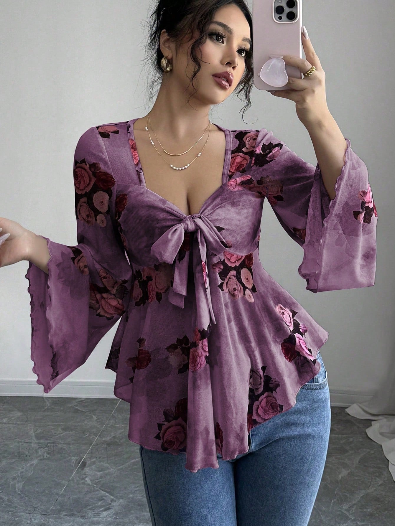 French Sense Flower Blooming Lace-up Long Sleeve Shirt