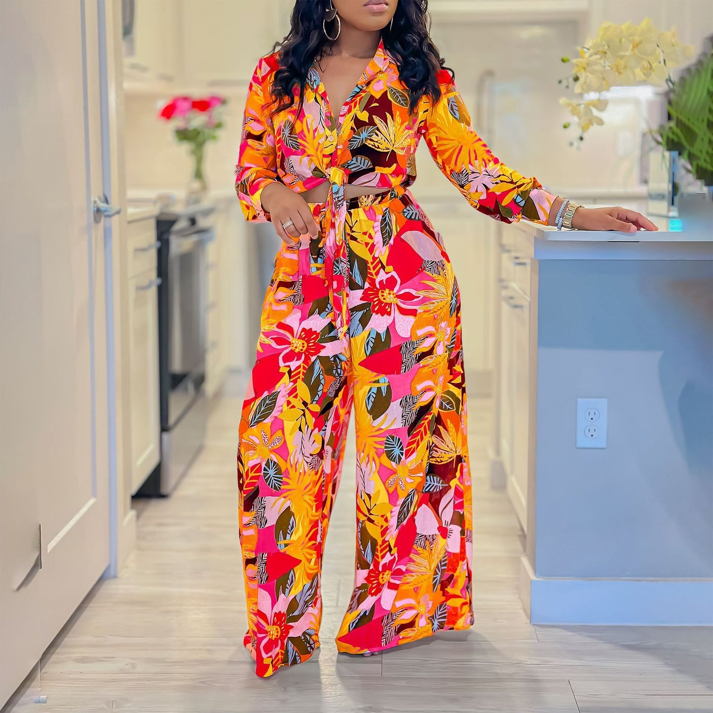 Lapel Lace-up Shirt @ Wide-leg Pants Set