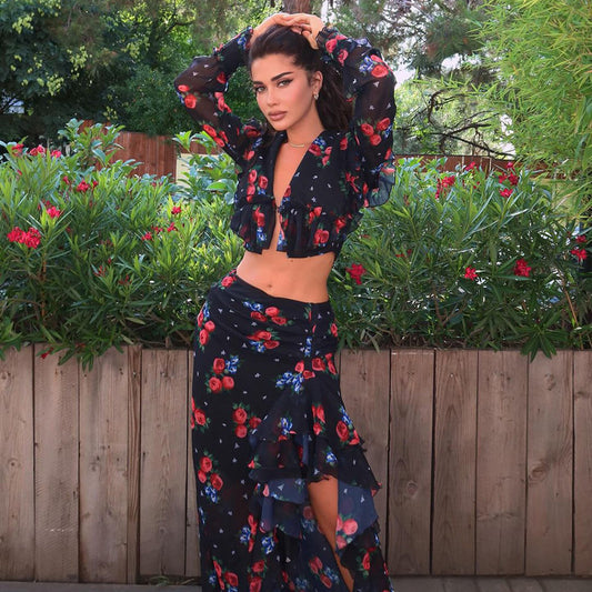 Printed Ruffled Slit Sheath Skirt Two-Piece Set