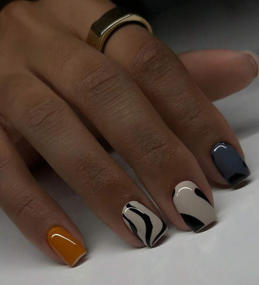 Chic Stripes Nail Set: 24-piece Asymmetrical Short Square Press-On Acrylic Nails