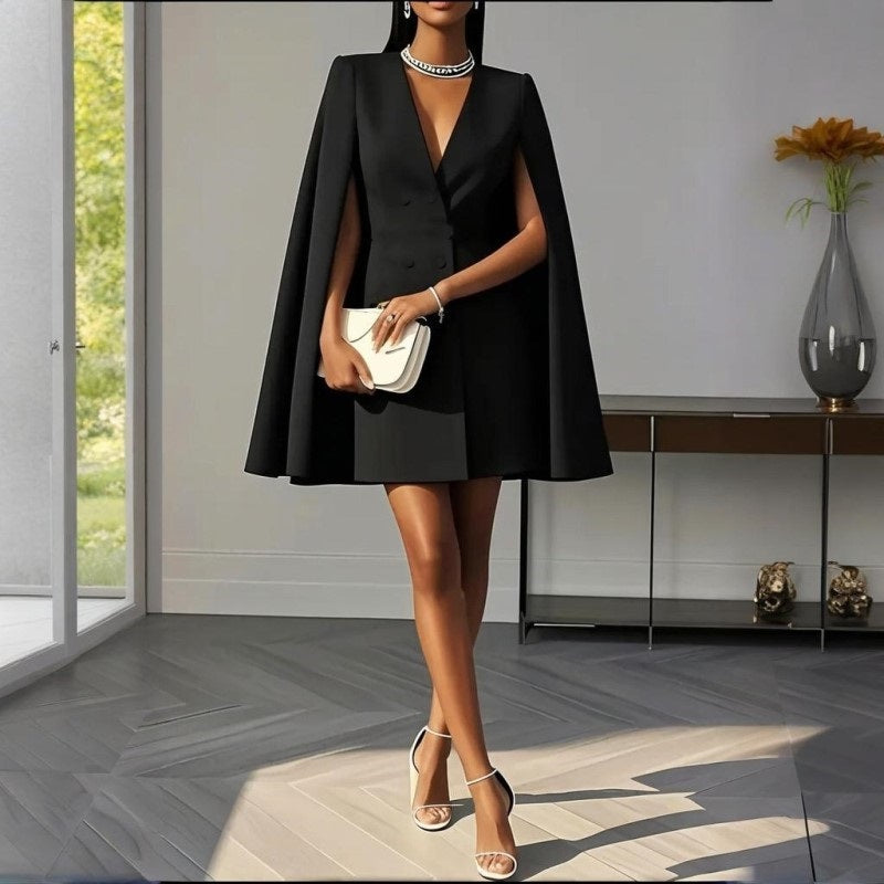 Elegant V-Neck Double-Breasted Cape Blazer Dress