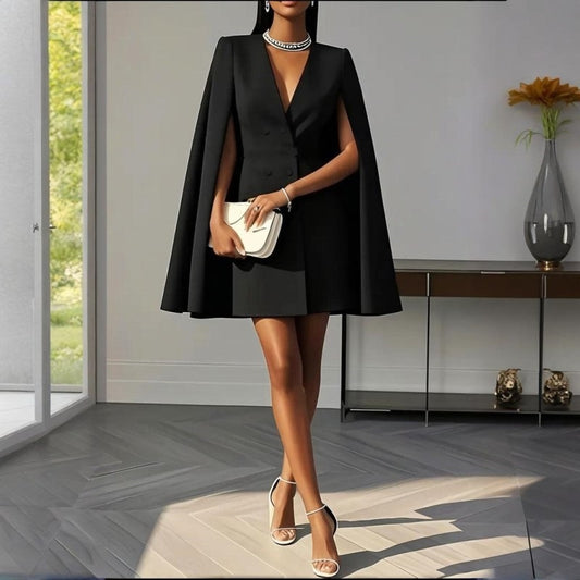 Elegant  V-Neck Double-Breasted Cape Blazer Dress