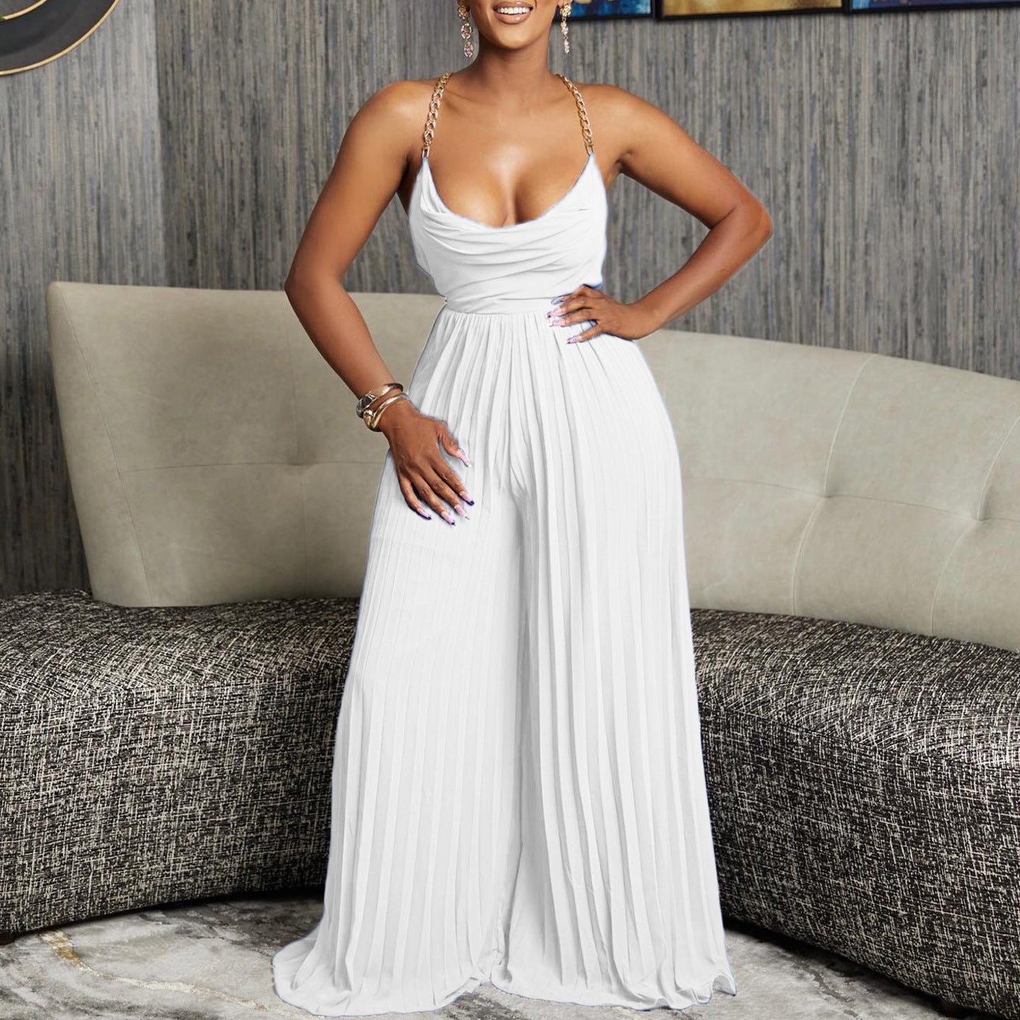 Aria Chain-Neck Pleated Wide-Leg Jumpsuit