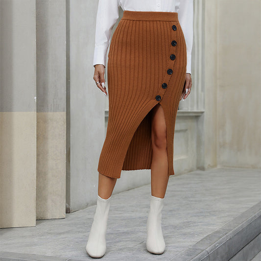 Button Knitted Slit Commuter Skirt