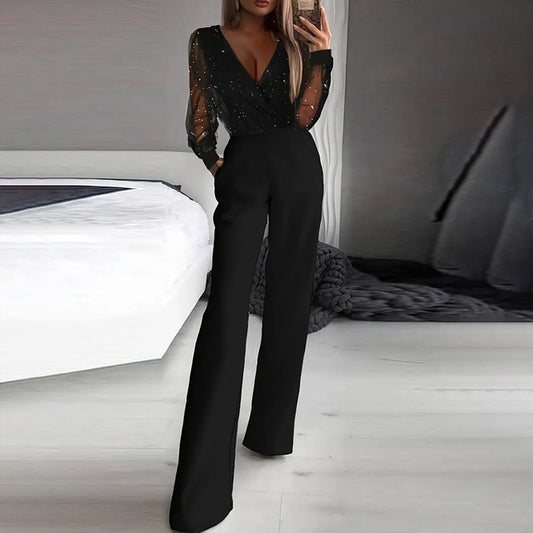 Women's Sexy Solid Color Deep V-Neck Tulle & Sequin Straight Leg Jumpsuit