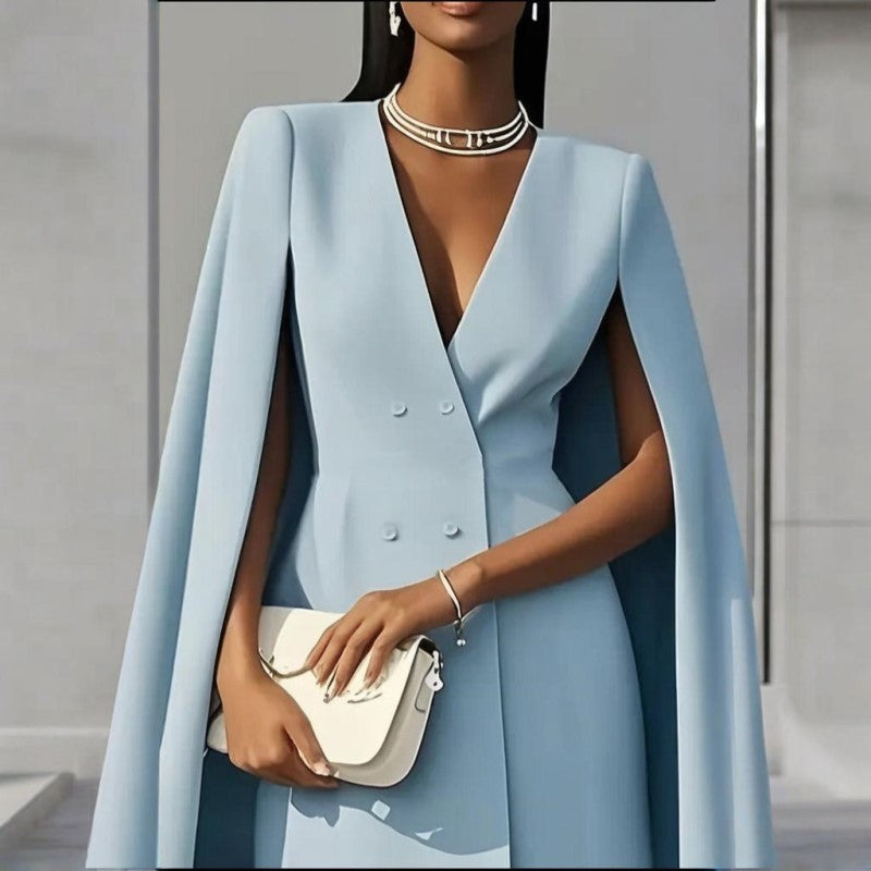 Elegant V-Neck Double-Breasted Cape Blazer Dress