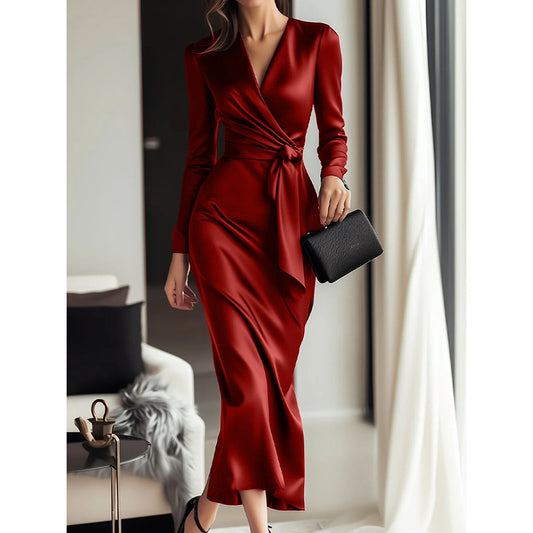 Burgundy Satin Midi Dress