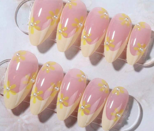 Bloom Luxe Nail Set – 24pc French Almond Press-On Nails with Pearls and Floral Design