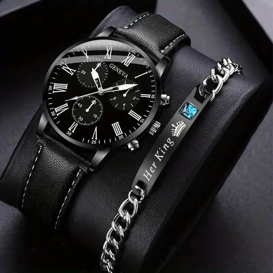 Men's Royal Legacy Black Leather Watch & Bracelet Set - Subtle Shine Jewelry Co.