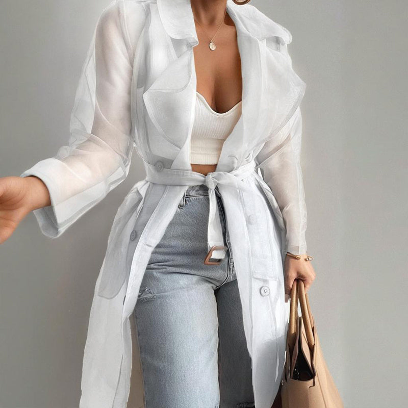Sheer Long Sleeve Cardigan With Buttons & Belt