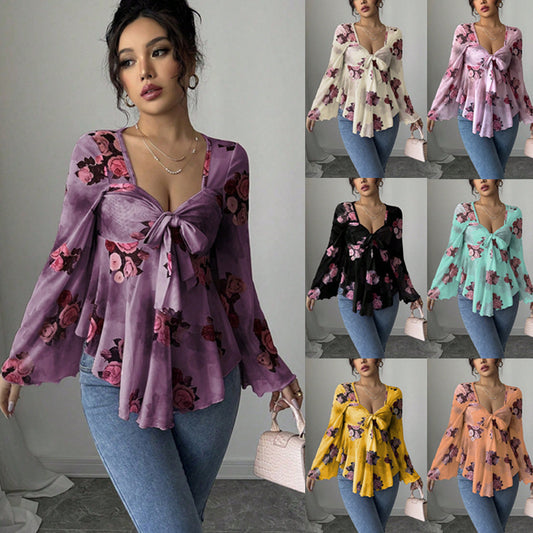 French Sense Flower Blooming Lace-up Long Sleeve Shirt