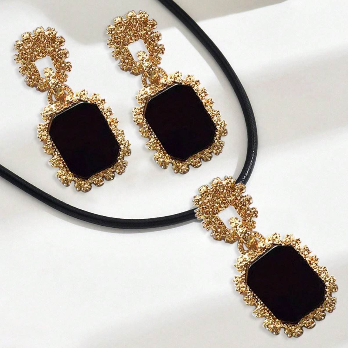 Elegant 14K Gold Plated Black Onyx Statement Jewelry Set - Necklace And Earrings - Subtle Shine Jewelry Co.