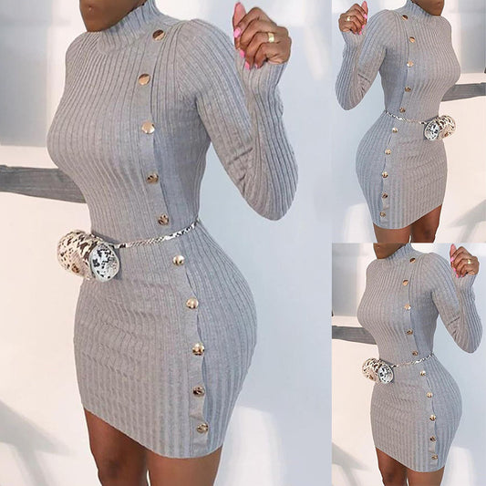 Solid Color Sexy Slim Single-Breasted Long-Sleeved Dress