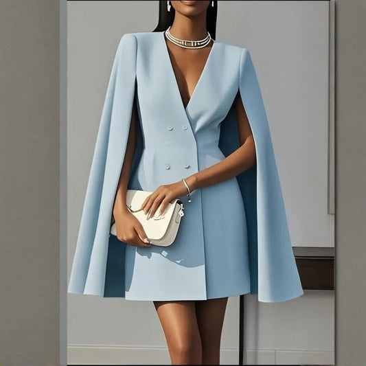 Elegant  V-Neck Double-Breasted Cape Blazer Dress