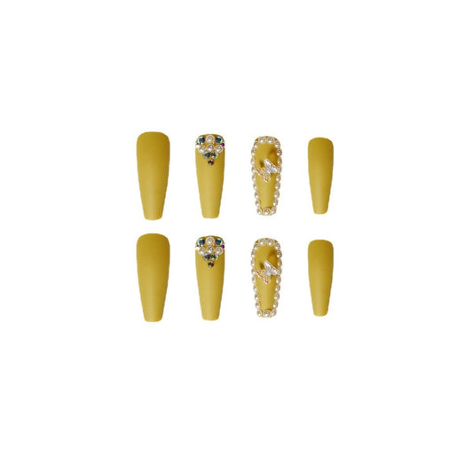 GlamGarden Crystal Butterfly Press-On Nails – Mustard Yellow & White Set