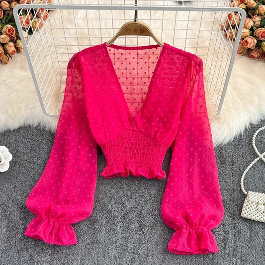 V-neck Cross Slim Fit Polka Dot Chiffon Waist-slimming Shirt