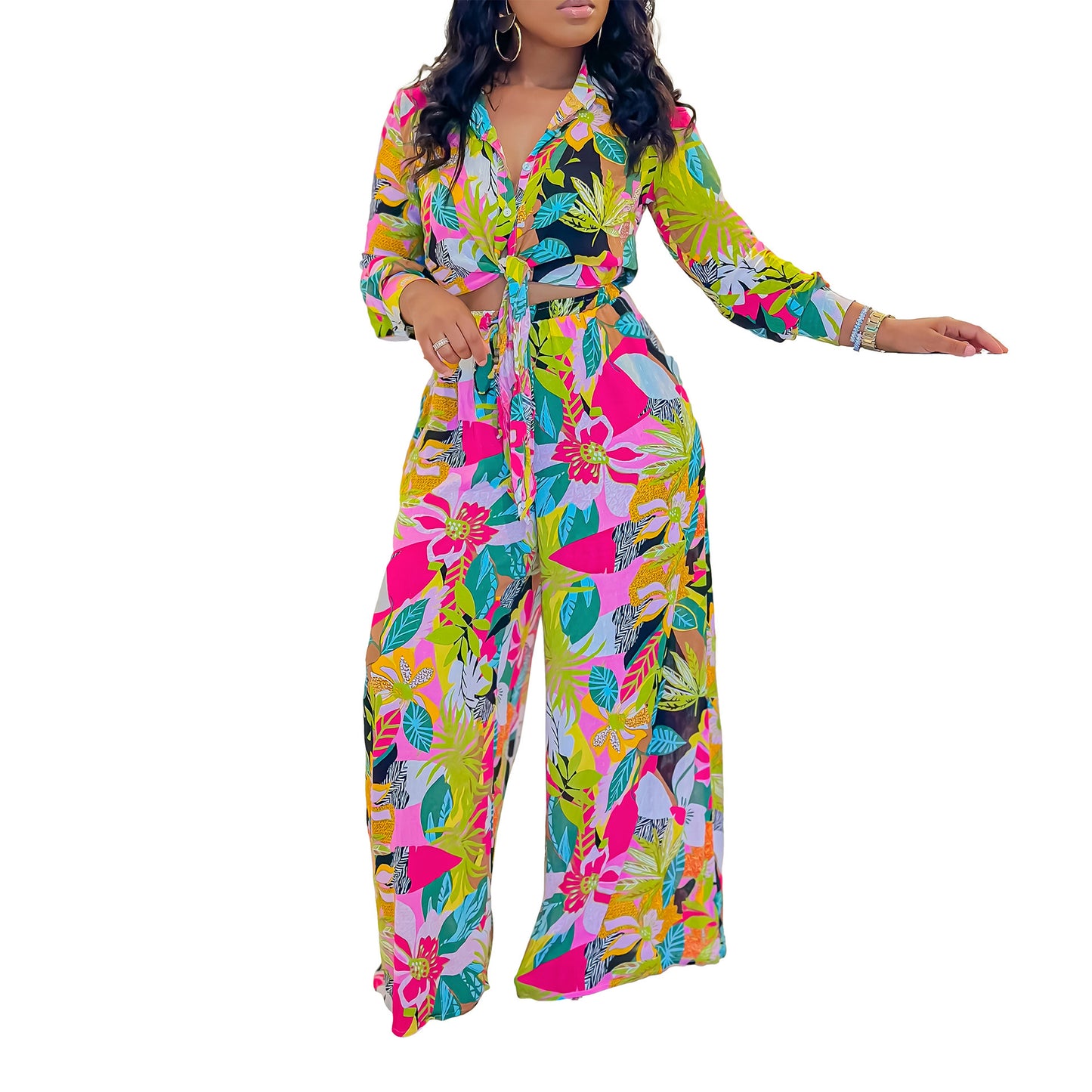 Lapel Lace-up Shirt @ Wide-leg Pants Set