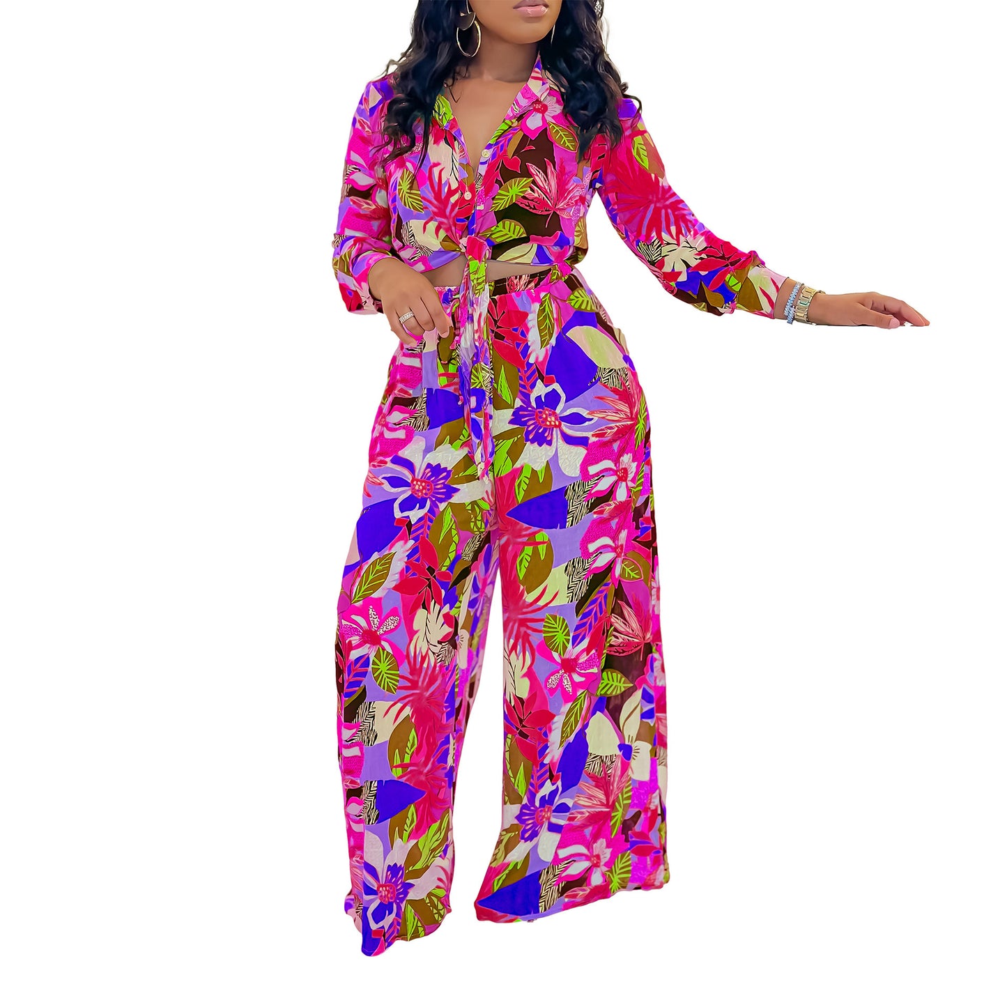 Lapel Lace-up Shirt @ Wide-leg Pants Set