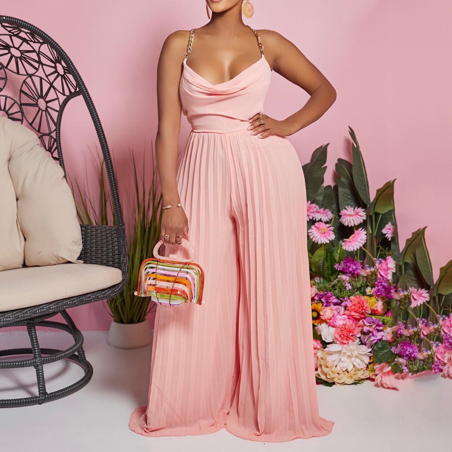 Aria Chain-Neck Pleated Wide-Leg Jumpsuit