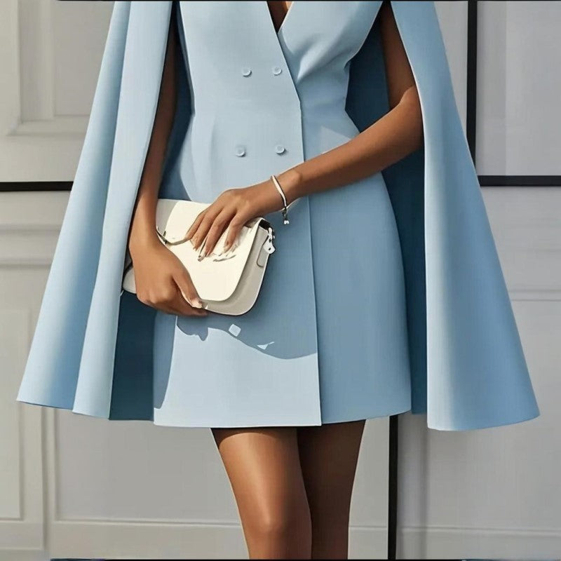 Elegant V-Neck Double-Breasted Cape Blazer Dress