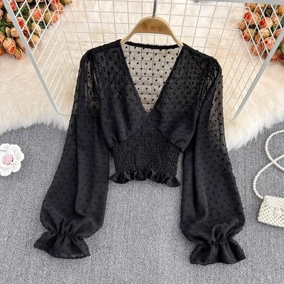 V-neck Cross Slim Fit Polka Dot Chiffon Waist-slimming Shirt