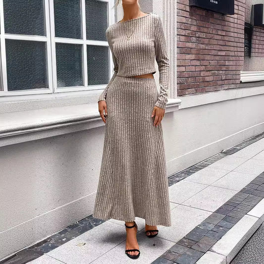 Autumn Stripes Knit Maxi Set – Long Sleeve Top & Skirt