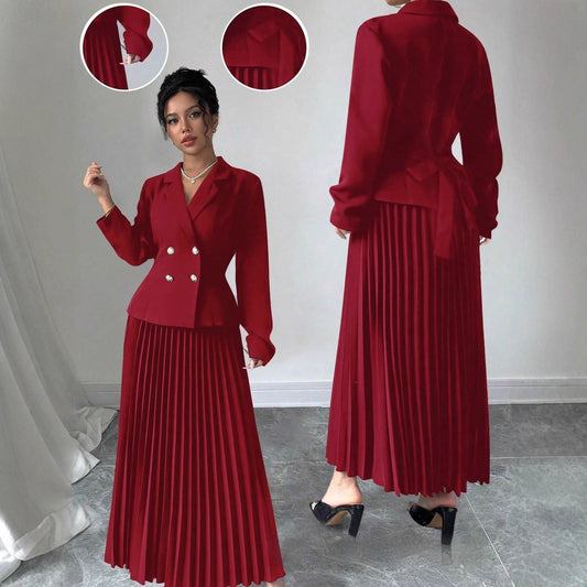 Chic Double-Breasted Top And Pleated Skirt Set
