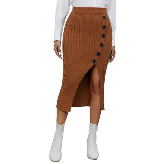 Button Knitted Slit Commuter Skirt