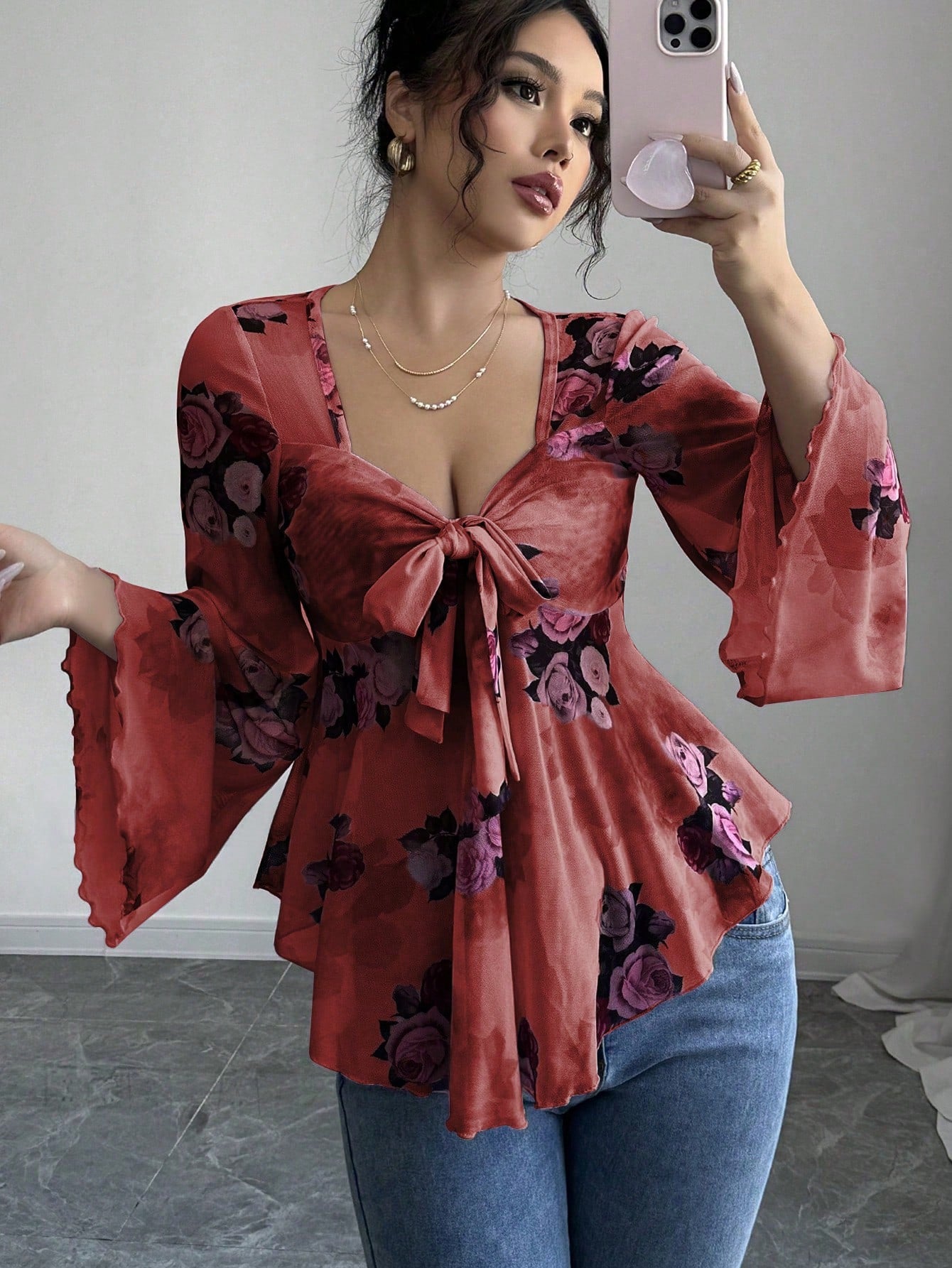 French Sense Flower Blooming Lace-up Long Sleeve Shirt