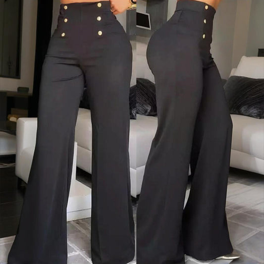Elegant High-Waisted Wide Leg Pants With Double-Breasted Buttons
