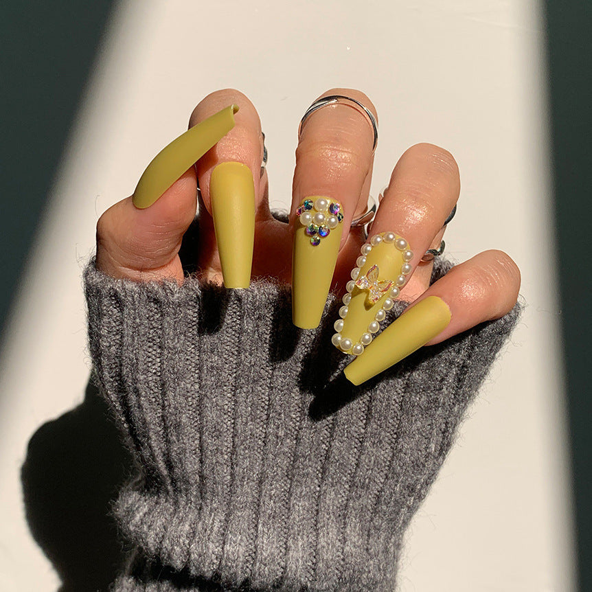 GlamGarden Crystal Butterfly Press-On Nails – Mustard Yellow & White Set