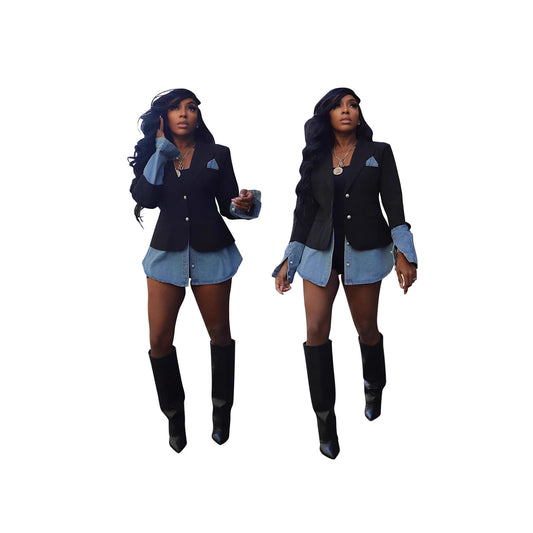 Casual Chic Patchwork Denim Blazer