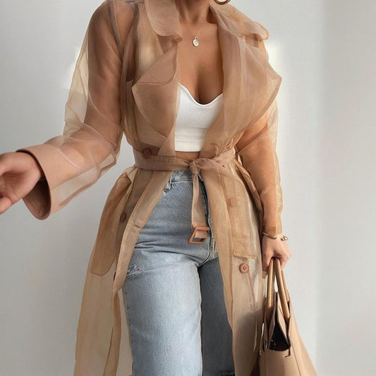 Sheer Long Sleeve Cardigan With Buttons & Belt