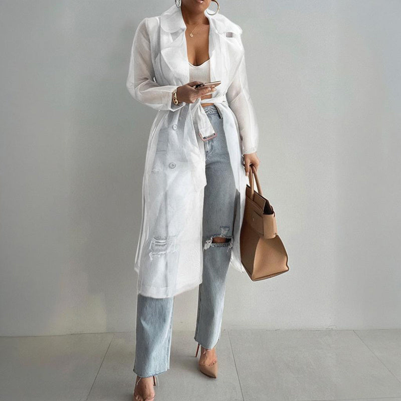 Sheer Long Sleeve Cardigan With Buttons & Belt