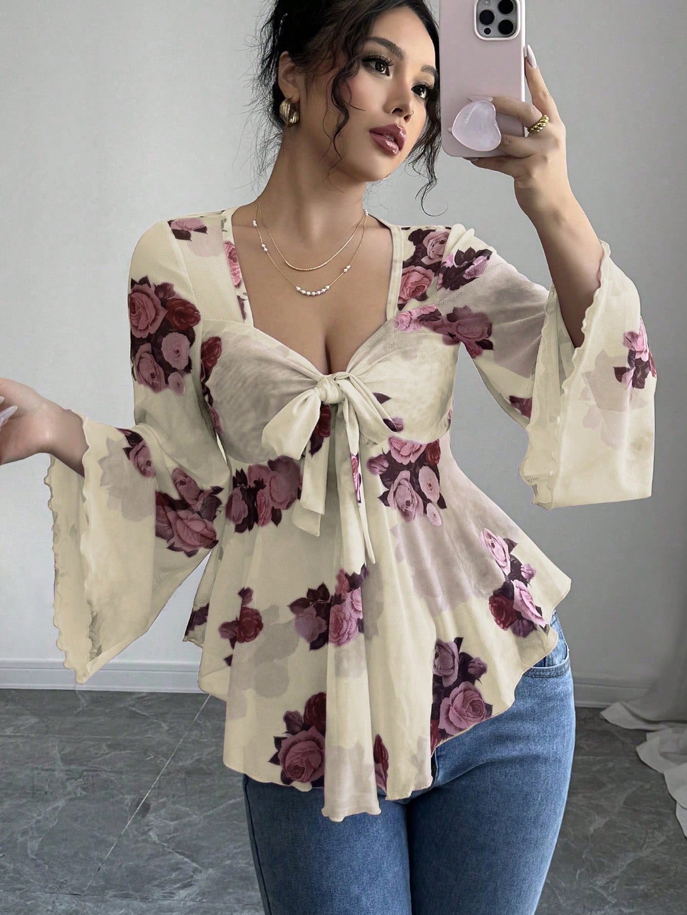 French Sense Flower Blooming Lace-up Long Sleeve Shirt