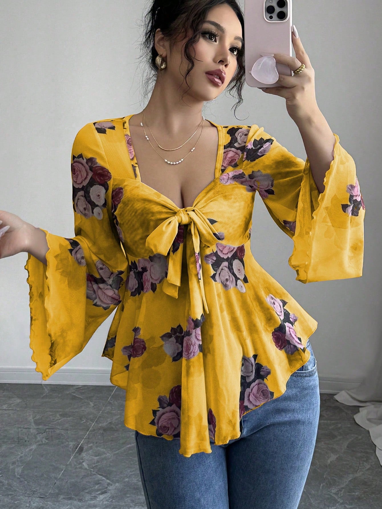 French Sense Flower Blooming Lace-up Long Sleeve Shirt